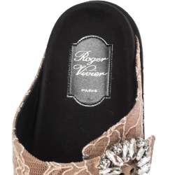 Pre Owned Roger Vivier Beige Lace Slidy Viv Strass Embellished Flat Slide Size 40