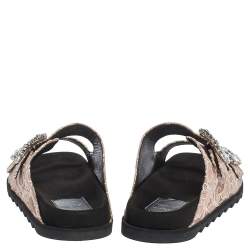 Pre Owned Roger Vivier Beige Lace Slidy Viv Strass Embellished Flat Slide Size 40