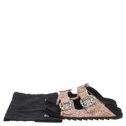 Pre Owned Roger Vivier Beige Lace Slidy Viv Strass Embellished Flat Slide Size 40