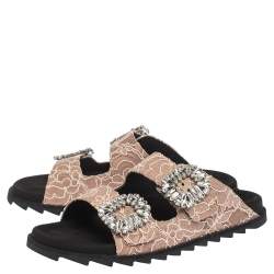 Pre Owned Roger Vivier Beige Lace Slidy Viv Strass Embellished Flat Slide Size 40