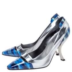 Pre Owned Roger Viver Sliver/Blue Glitter Leather Pointed Toe Pumps Size 36