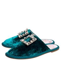 Pre Owned Roger Vivier Green Velvet Hotel Vivier Crystal-Embellished Flat Slippers Size 37