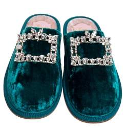 Pre Owned Roger Vivier Green Velvet Hotel Vivier Crystal-Embellished Flat Slippers Size 37