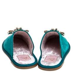 Pre Owned Roger Vivier Green Velvet Hotel Vivier Crystal-Embellished Flat Slippers Size 37