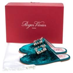 Pre Owned Roger Vivier Green Velvet Hotel Vivier Crystal-Embellished Flat Slippers Size 37