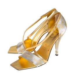Pre Owned Roger Vivier Silver/Gold Satin And Leather Open Toe Ankle Strap Sandals Size 40