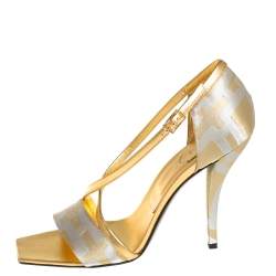 Pre Owned Roger Vivier Silver/Gold Satin And Leather Open Toe Ankle Strap Sandals Size 40