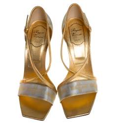 Pre Owned Roger Vivier Silver/Gold Satin And Leather Open Toe Ankle Strap Sandals Size 40