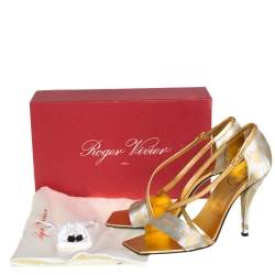 Pre Owned Roger Vivier Silver/Gold Satin And Leather Open Toe Ankle Strap Sandals Size 40