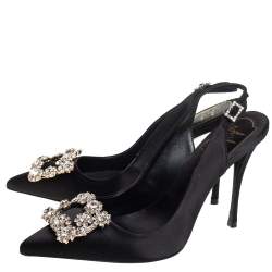 Pre Owned Roger Vivier Black Satin Crystal-Embellished Slingback Pumps Size 37.5