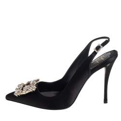 Pre Owned Roger Vivier Black Satin Crystal-Embellished Slingback Pumps Size 37.5