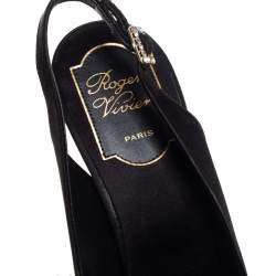 Pre Owned Roger Vivier Black Satin Crystal-Embellished Slingback Pumps Size 37.5