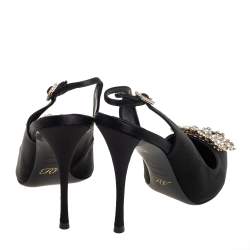 Pre Owned Roger Vivier Black Satin Crystal-Embellished Slingback Pumps Size 37.5