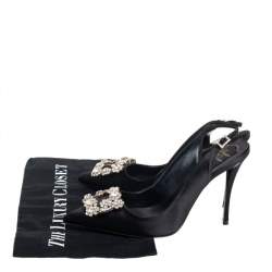 Pre Owned Roger Vivier Black Satin Crystal-Embellished Slingback Pumps Size 37.5