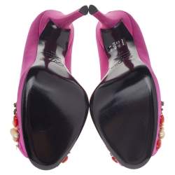 Pre Owned Roger Vivier Pink Satin Embellished Peep Toe Pumps Size 38