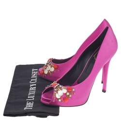 Pre Owned Roger Vivier Pink Satin Embellished Peep Toe Pumps Size 38