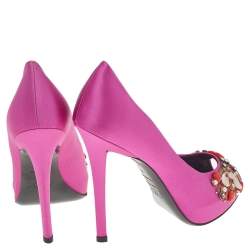 Pre Owned Roger Vivier Pink Satin Embellished Peep Toe Pumps Size 38