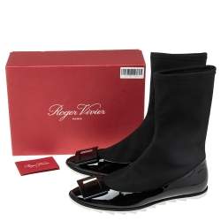 Pre Owned Roger Vivier Black Neoprene and Patent Leather Belle Ankle Boots Size 39