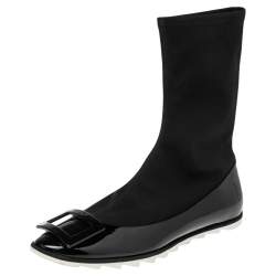 Pre Owned Roger Vivier Black Neoprene and Patent Leather Belle Ankle Boots Size 39