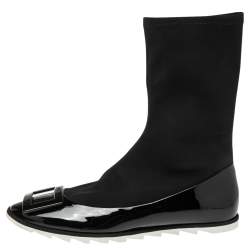 Pre Owned Roger Vivier Black Neoprene and Patent Leather Belle Ankle Boots Size 39