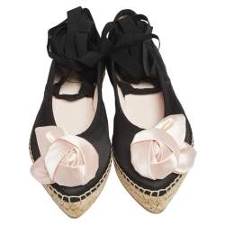 Pre Owned Roger Vivier Black Satin Rose Detail Lace Up Espadrille Ballet Flats Size 34