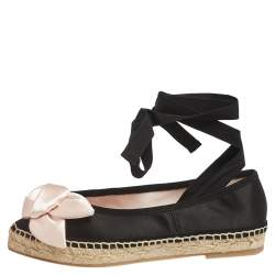 Pre Owned Roger Vivier Black Satin Rose Detail Lace Up Espadrille Ballet Flats Size 34