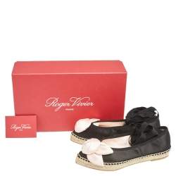 Pre Owned Roger Vivier Black Satin Rose Detail Lace Up Espadrille Ballet Flats Size 34