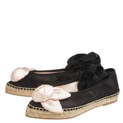 Pre Owned Roger Vivier Black Satin Rose Detail Lace Up Espadrille Ballet Flats Size 34