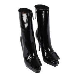 Pre Owned Roger Vivier Black Leather Vivier Choc Covered Buckle Platform Booties Size IT 36