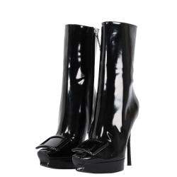 Pre Owned Roger Vivier Black Leather Vivier Choc Covered Buckle Platform Booties Size IT 36