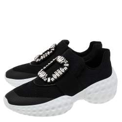Pre Owned Roger Vivier Black Nylon Viv Run Light Strass Buckle Sneakers Size 38.5