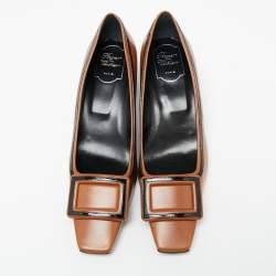 Pre Owned Roger Vivier Brown Leather Buckle Block Heel Pumps Size 39