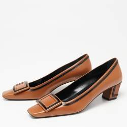 Pre Owned Roger Vivier Brown Leather Buckle Block Heel Pumps Size 39
