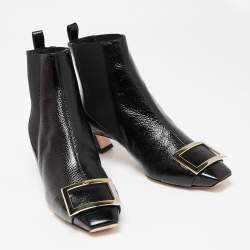Pre Owned Roger Vivier Black Patent Leather Trompette Chelsea Ankle Boots Size 39