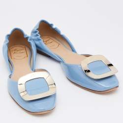 Pre Owned Roger Vivier Blue Patent Leather Chips D'Orsay Buckle Ballet Flats Size 37.5