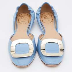 Pre Owned Roger Vivier Blue Patent Leather Chips D'Orsay Buckle Ballet Flats Size 37.5