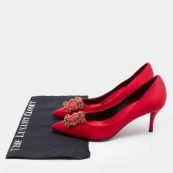 Roger Vivier Red Satin Crystal Embellished Flower Strass Buckle Pumps Size 39