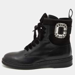 Roger Vivier Black Leather and Suede Viv Rangers Strass Buckle