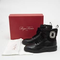 Roger Vivier Black Leather and Suede Viv Rangers Strass Buckle Combat Boots Size 42