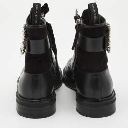 Roger Vivier Black Leather and Suede Viv Rangers Strass Buckle Combat Boots Size 42