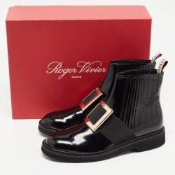 Pre Owned Roger Vivier Black Patent Leather Viv' Rangers Metal Buckle Chelsea Boots Size 42