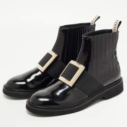 Pre Owned Roger Vivier Black Patent Leather Viv' Rangers Metal Buckle Chelsea Boots Size 42
