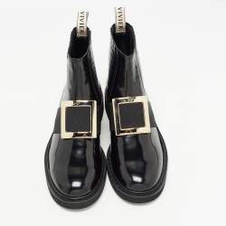 Pre Owned Roger Vivier Black Patent Leather Viv' Rangers Metal Buckle Chelsea Boots Size 42