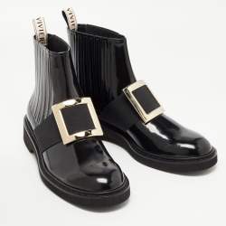 Pre Owned Roger Vivier Black Patent Leather Viv' Rangers Metal Buckle Chelsea Boots Size 42