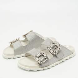 Roger Vivier Silver Glitter Slidy Viv Slides Size 36