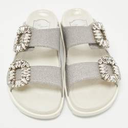 Roger Vivier Silver Glitter Slidy Viv Slides Size 36