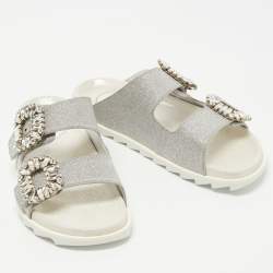 Roger Vivier Silver Glitter Slidy Viv Slides Size 36