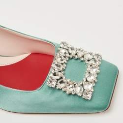 Roger Vivier Green Satin and Crystal Embellished Square Toe Pumps Size 38