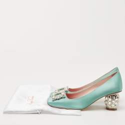 Roger Vivier Green Satin and Crystal Embellished Square Toe Pumps Size 38