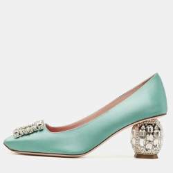 Roger Vivier Green Satin and Crystal Embellished Square Toe Pumps Size 38